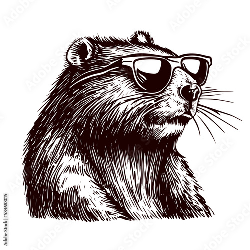 Funny beaver wearing sunglasses, cool beaver sketch photo