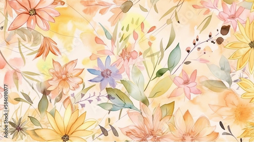 Beautiful floral spring seamless pattern with watercolor drawn field wildflowers. For wedding stationery, greetings, wallpapers, fashion, backgrounds, textures, DIY, packaging, cards. Generative AI. 
