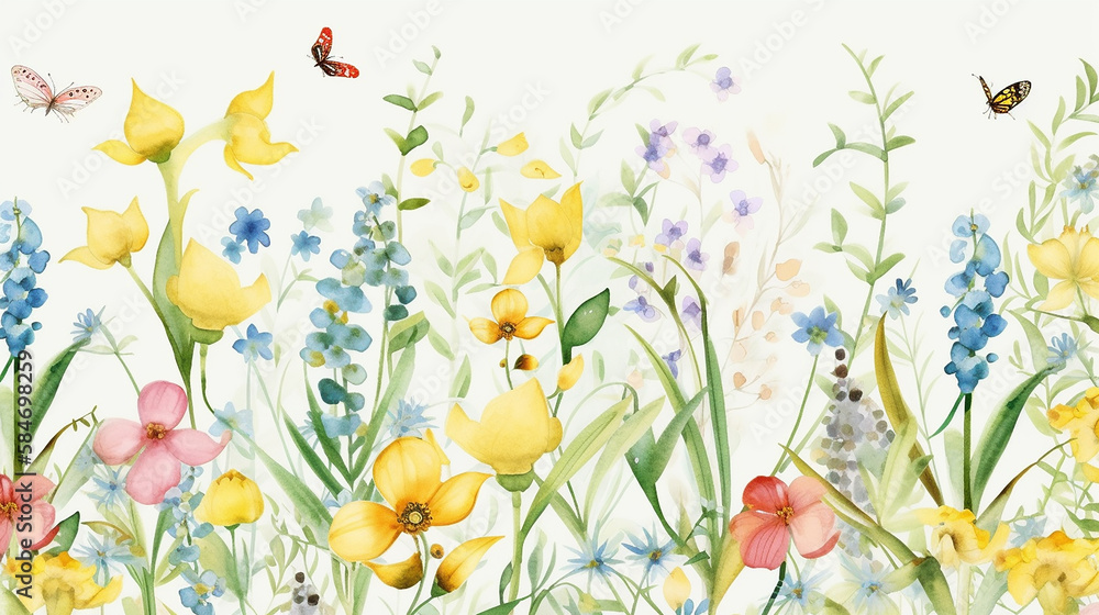 Beautiful floral spring seamless pattern with watercolor drawn field wildflowers. For wedding stationery, greetings, wallpapers, fashion, backgrounds, textures, DIY, packaging, cards. Generative AI.
