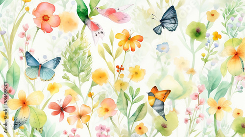 Beautiful floral spring seamless pattern with watercolor drawn field wildflowers. For wedding stationery, greetings, wallpapers, fashion, backgrounds, textures, DIY, packaging, cards. Generative AI.  © Imagine