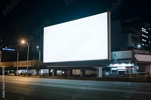 Background of a outdoor billboard, with white screen. Wallpaper illustration. Front view with copy space for text information or content. Concept of marketing, visual advertising. Generative AI.