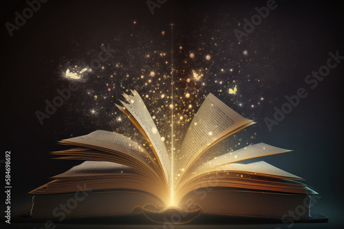 Magic Book With Open Antique Pages And Abstract Bokeh Lights Glowing In Dark Background - Literature Concept (ai generated)