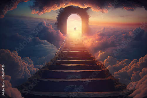 Stairway Leading Up To Sky At Sunrise - Resurrection And Entrance Of Heaven  ai generated 