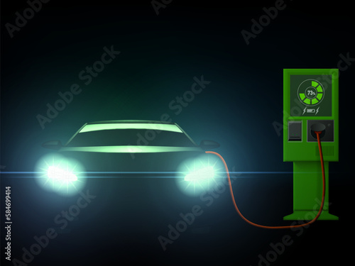3D Green Electric Car With Charging Station