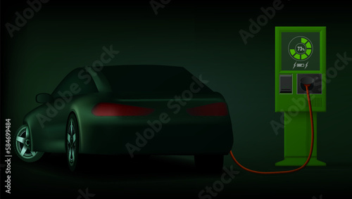 3D Green Electric Car With Charging Station