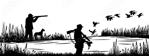 Wildlife Duck animals hunting hunt panorama vector illustration - Black silhouette of hunter with rifle gun and dog at the lake or river shoots at flying mallard ducks, isolated on white background