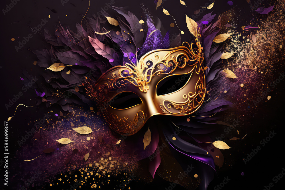 Carnival Party - Gold Venetian Mask On purple Satin With Shiny Streamers On Abstract Defocused Bokeh Lights (ai generated)