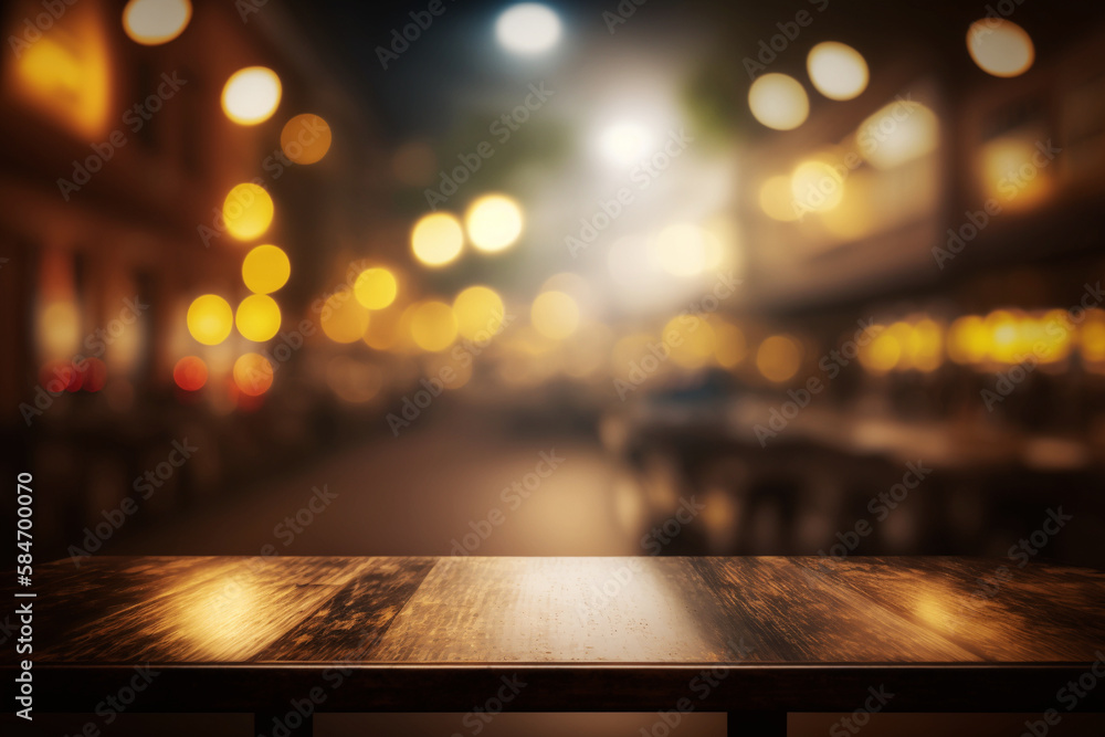Fototapeta premium Old wood table with blurred concrete block wall in abstract glitter lights background.AI Generative