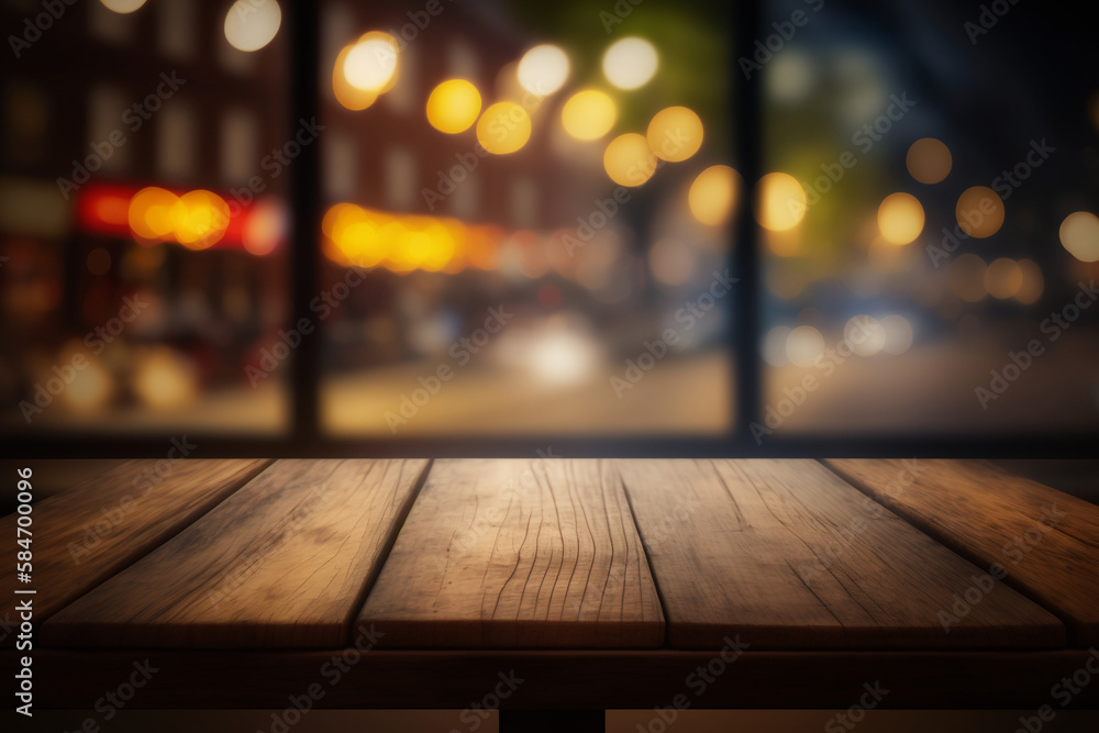 Old wood table with blurred concrete block wall in abstract glitter lights background.AI Generative Old wood table with blurred concrete block wall in abstract glitter lights background.AI Generative