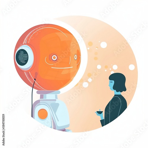 An illustration of a chatbot interaction, showing a chatbot responding to a user's message. The chatbot is shown in a circular avatar, with a text message displayed in a speech bubble