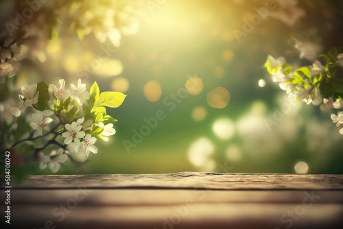 Spring Time - Blossoms On Wooden Table In Green Garden With Defocused Bokeh Lights And Flare Effect (ai generated) © ImagineDesign