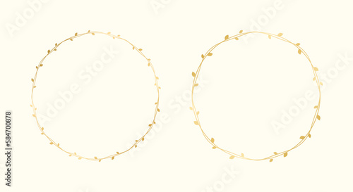 Round gold vine frame wedding elegant wreath set. Circle golden frame with botanical design. Vector isolated illustration.
