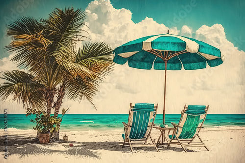 Digital painting of Chairs In Tropical Beach With Palm Trees On Coral Island  ai generated 