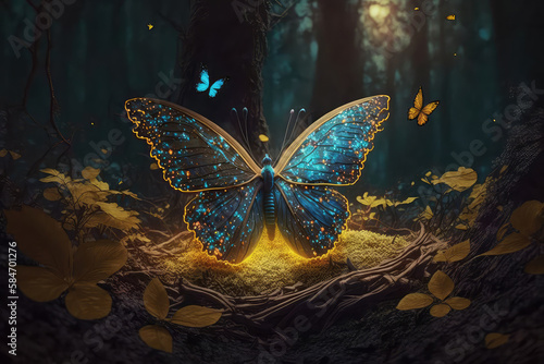 Night yellow glowing butterflies on dark abstract background. (ai generated) © ImagineDesign