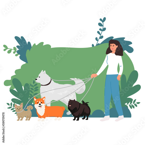 Dog sitter composition with outdoor landscape and doodle male character walking three dogs with cityscape background vector illustration,