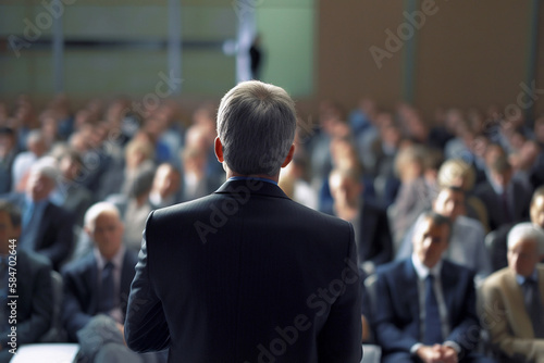 Businessmen in speaking in front of crowd