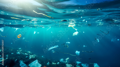 Plastic pollution in ocean. Problem plastic bottles and microplastics floating in the open ocean. Marine plastic pollution concept. Generative AI photo