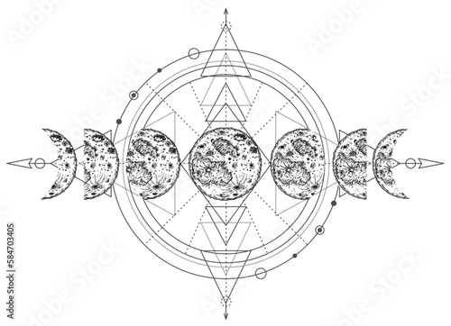 Modern magic witchcraft card with moon phases. Pagan moon symbol. Triple moon pagan Wicca moon goddess symbol. Three-faced Goddess Maiden Mother Crone. Tattoo, astrology, alchemy