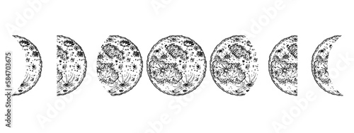 Moon phases set. Hand drawn earth satellite moon. Abstract planet ball. Vector sketch ink illustration on white background.