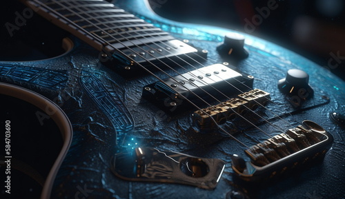 close up view of electric guitar with good detail and added with sparkling light. Based on Generative Ai