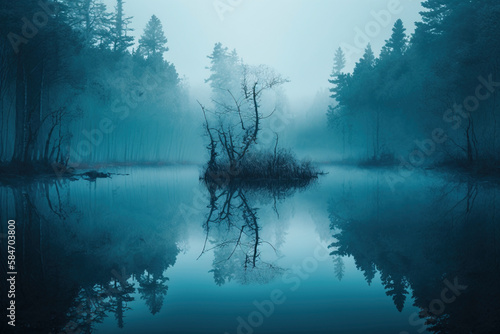 Calm Blue Forest  stillness and mist created with Generative AI technology