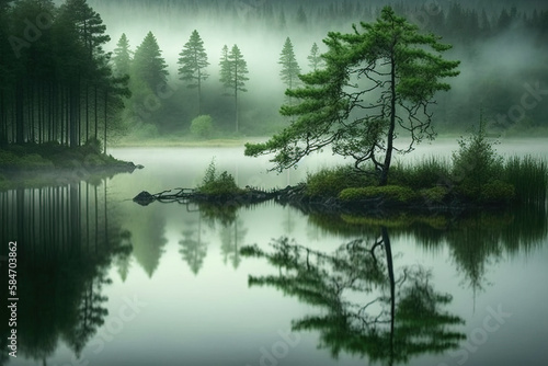 Calm Green Forest, stillness and mist created with Generative AI technology