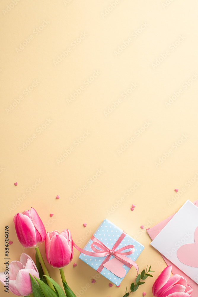 Mother's Day concept. Top view vertical photo of pink tulips small blue giftbox envelope postcard and heart shaped sprinkles on isolated pastel beige background with copyspace