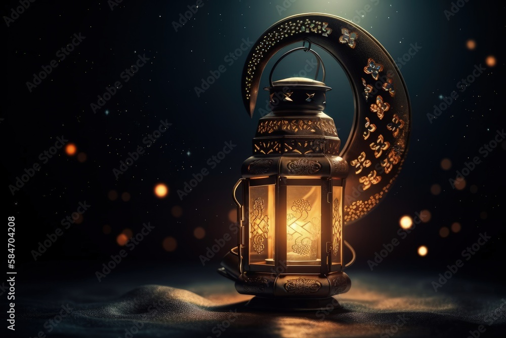 Beautiful Arabian lamp on the sand with a golden crescent on a dark background full of stars. Arabian lantern with a burning candle inside and a curved moon shape. Islamic illustration. Generative AI.