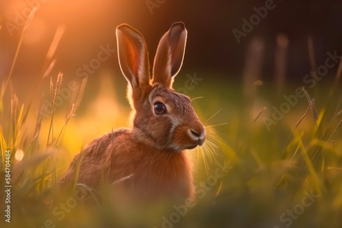 Wild hare in the grass. Generative AI. © Hanna
