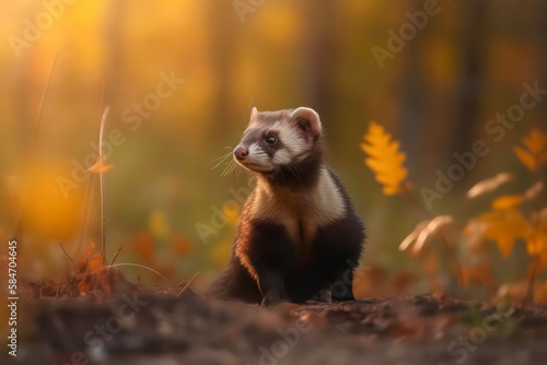 Cute little ferret in the forest. Generative AI.