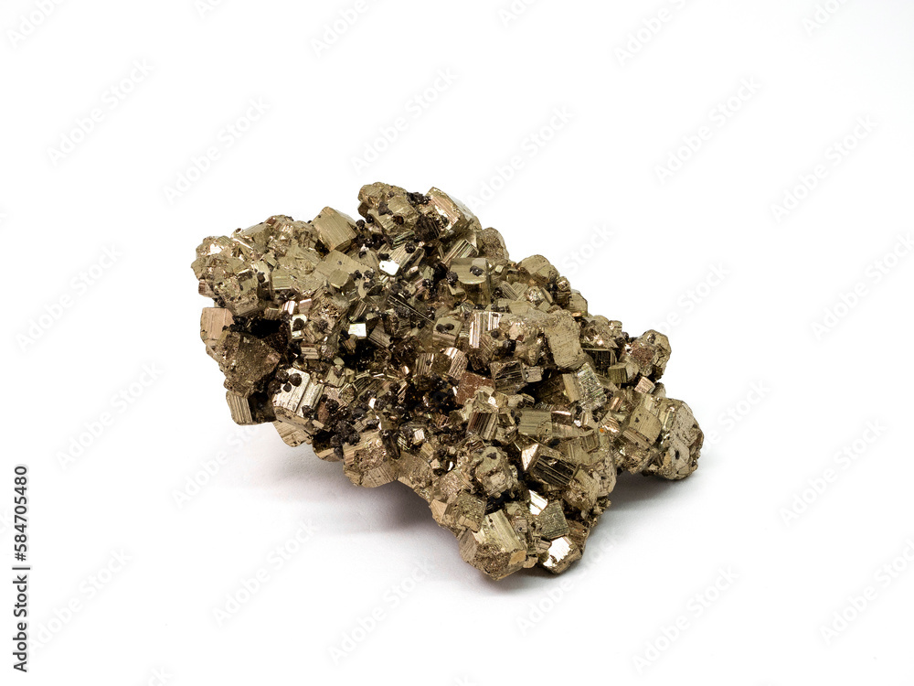 cluster of pyrite cubes with white background - also known as iron pyrite or fool's gold cluster of pyrite cubes with white background - also known as iron pyrite or fool's gold