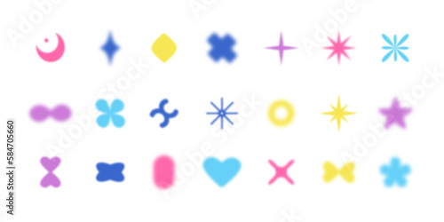 Gradient abstract blur shapes, blurry heart and floral aesthetic elements. Colorful soft gradients. Blur stars, moons. Various geometric shapes with blur effect vector set.