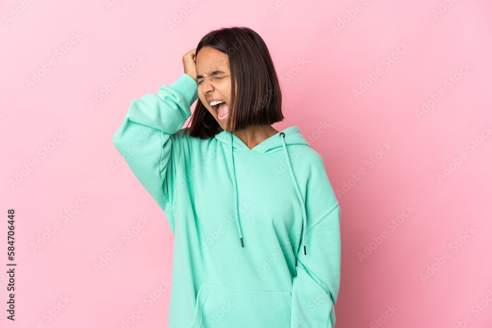 Young latin woman isolated on pink background stressed overwhelmed Young latin woman isolated on pink background stressed overwhelmed