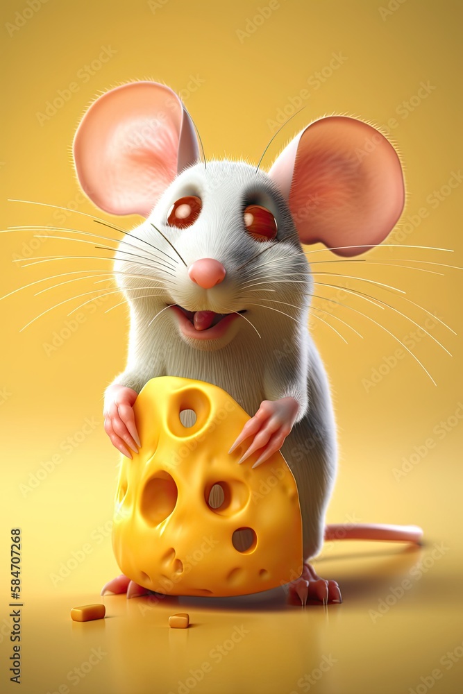Adorable Mouse and Cheese AI: Cute Animal Rodent Pet Cartoon 3D Illustration. Generative AI