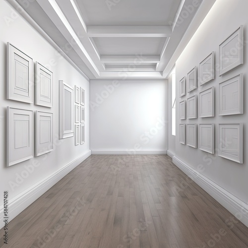 White Border Hanging on Blank Wall - An Empty Frame in an Art Gallery Room. Generative AI