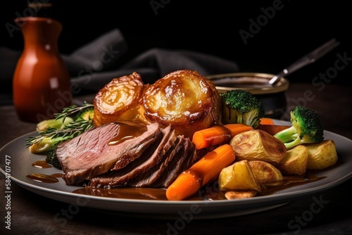 Classic Sunday Roast with Succulent Beef and Golden Potatoes. photo