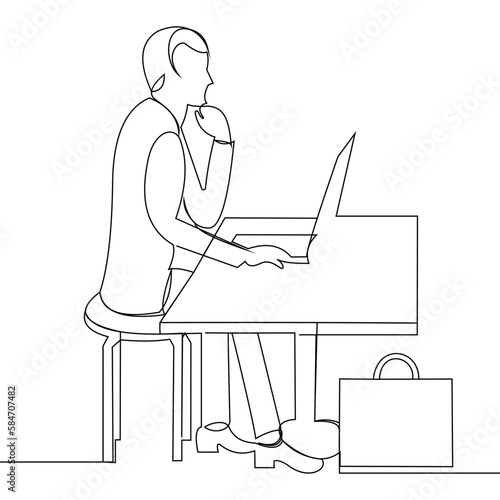 continuous line drawing of a man sitting in an office chair