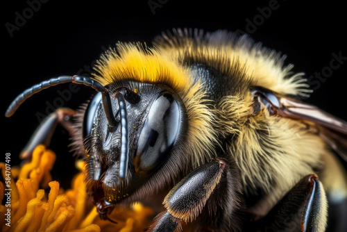 Macro shot of a bumble bee harvesting pollen from a flower. generative AI