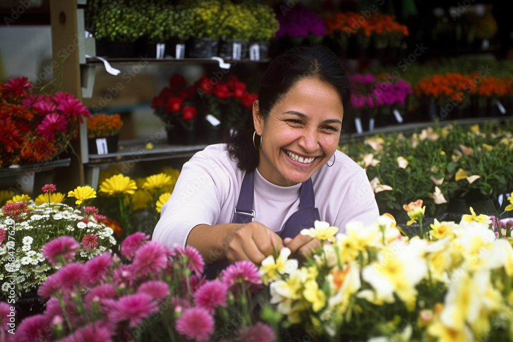 Friendly hispanic woman working in a flower shop. generative AI