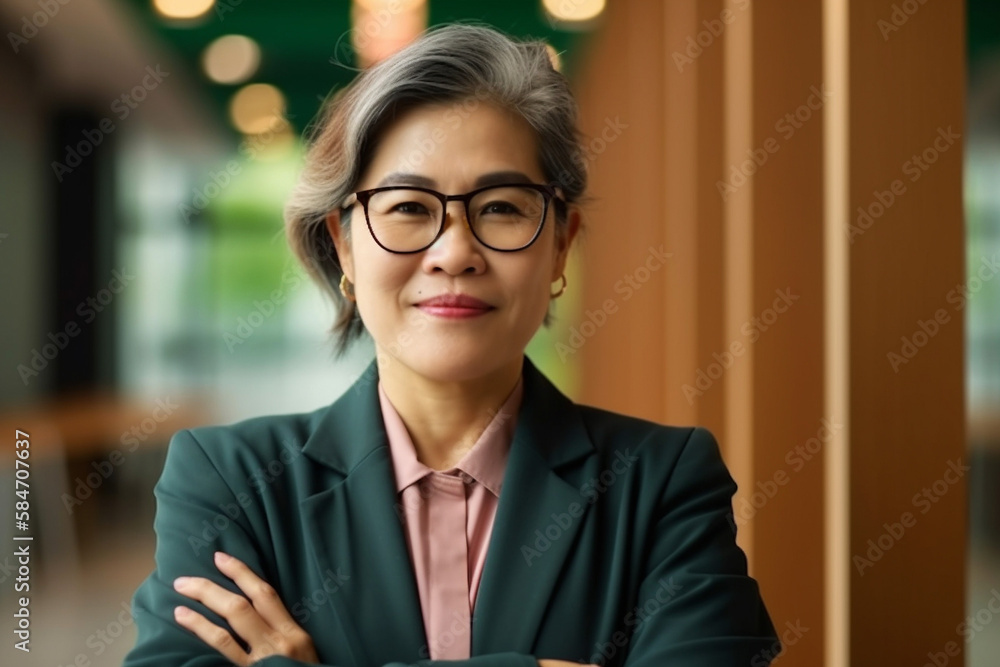 Female CEO or Chief Executive Officer, Asian woman with arms crossed running a large corporation as boss. generative AI Female CEO or Chief Executive Officer, Asian woman with arms crossed running a large corporation as boss. generative AI