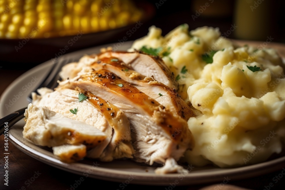 Traditional American Sunday Dinner with Roasted Chicken, Mashed Potatoes and Corn, Generative AI
