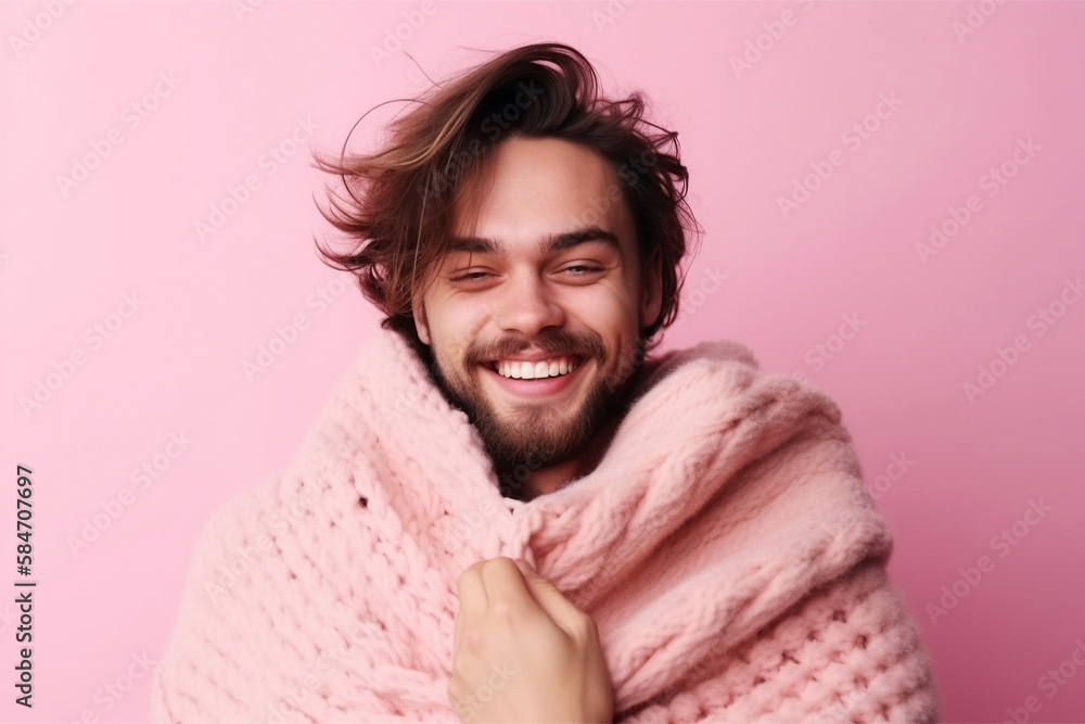 Happy man smiling while wrapped in a fluffy and fuzzy pink warm blanket. generative AI Happy man smiling while wrapped in a fluffy and fuzzy pink warm blanket. generative AI