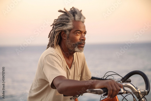 Mature black man with gray dreadlocks hair style riding a bike near an ocean beach in California. generative AI