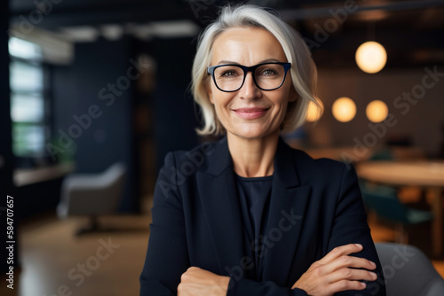 Female CEO or Chief Executive Officer, mature Caucasian woman running a large corporation as boss. generative AI photo