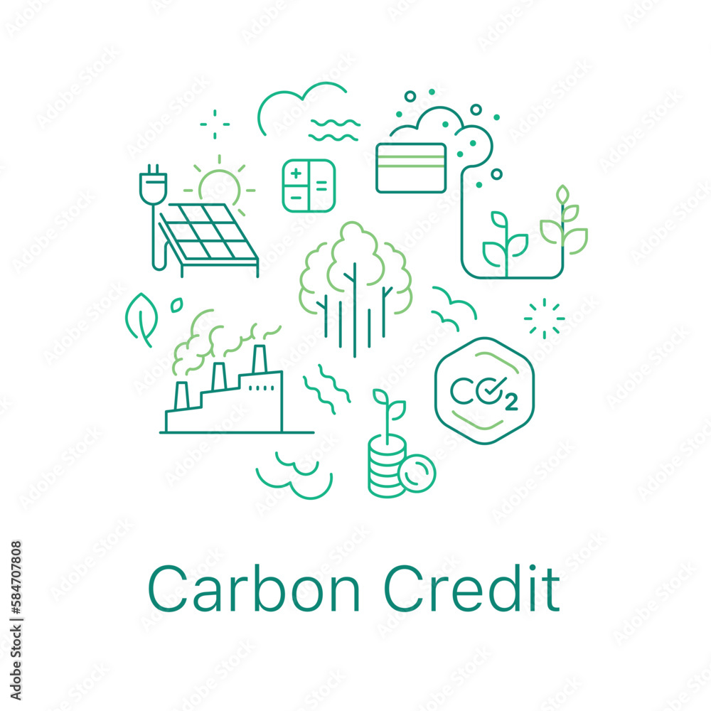 Carbon credit concept vector illustration. Line art style light background design for Article, Web page, Banner, Poster, Print ad, etc.
