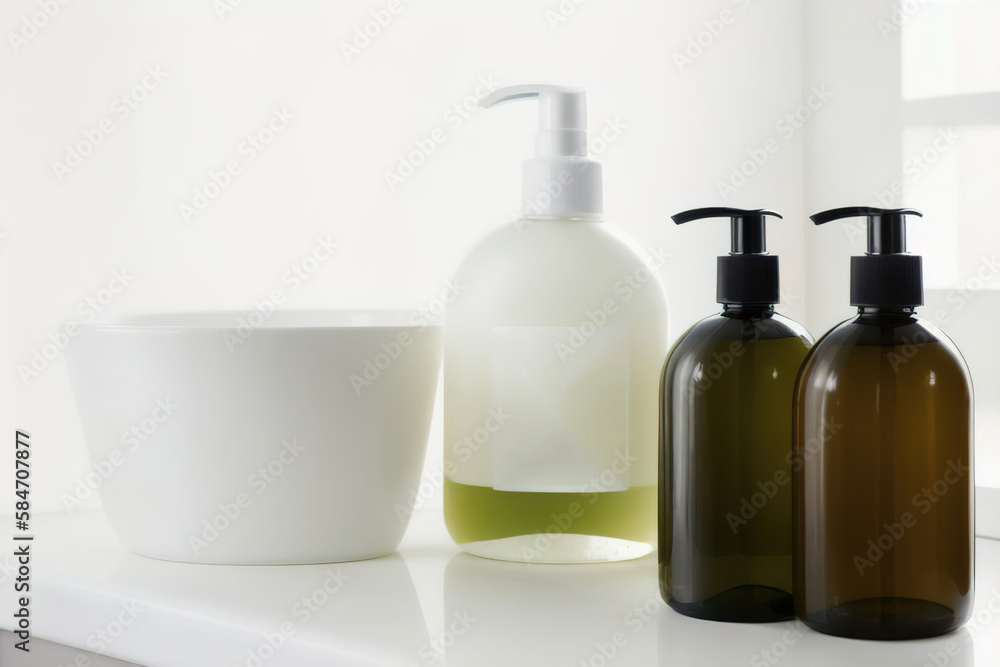 Liquid soap and shampoo in the bathroom, personal care and health products, Generative AI. Liquid soap and shampoo in the bathroom, personal care and health products, Generative AI.