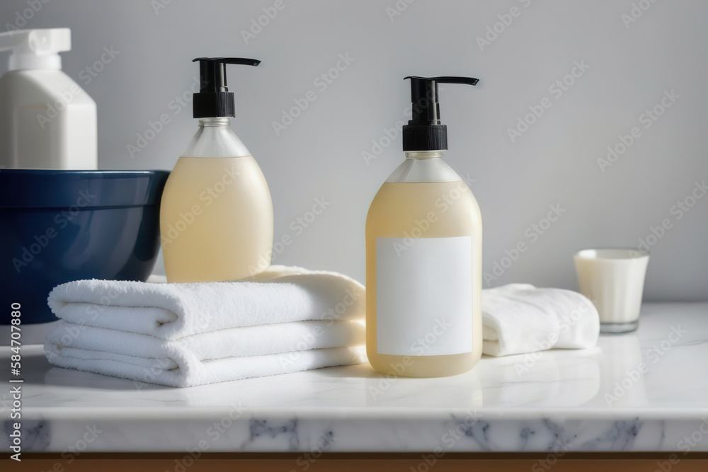 Liquid soap and shampoo in the bathroom, personal care and health products, Generative AI. Liquid soap and shampoo in the bathroom, personal care and health products, Generative AI.