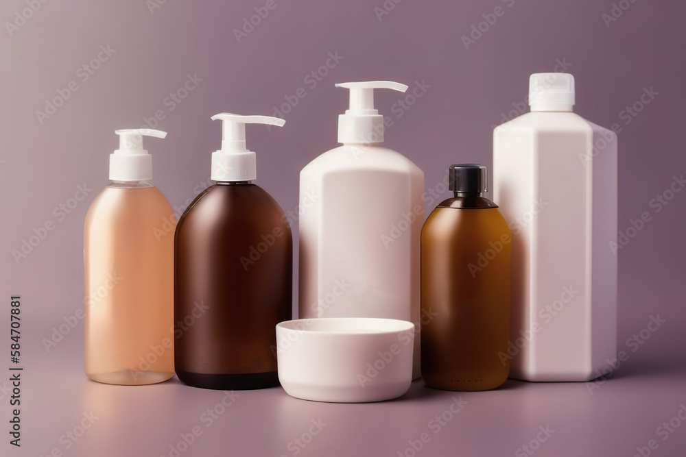 Liquid soap and shampoo in the bathroom, personal care and health products, Generative AI. Liquid soap and shampoo in the bathroom, personal care and health products, Generative AI.