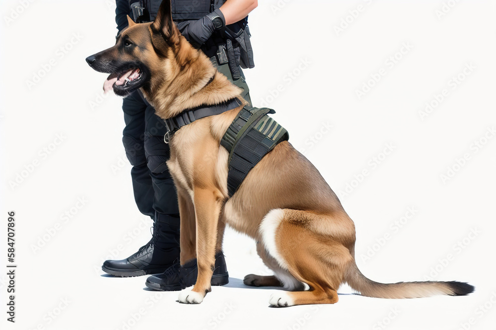 Belgian Shepherd Malinois guarding the border with a border guard. Generative AI.