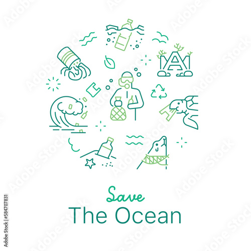Save the ocean concept vector illustration. Line art style light background design for Article, Web page, Banner, Poster, Print ad, etc.